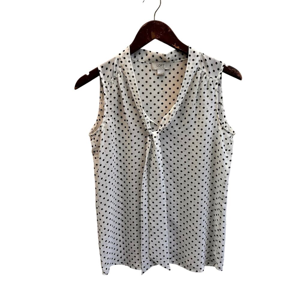 LOFT White Black Polka Dot Tie Neck Sleeveless Blouse XS